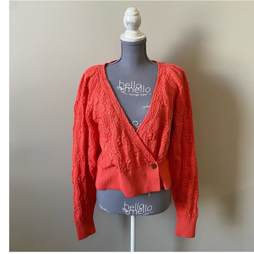 Free People coral “Olive-You” button knit sweater